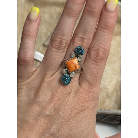 Native American Bryon Brown Handmade Sterling Spiny Oyster Turquoise Ring 9 - Picture 2 of 14